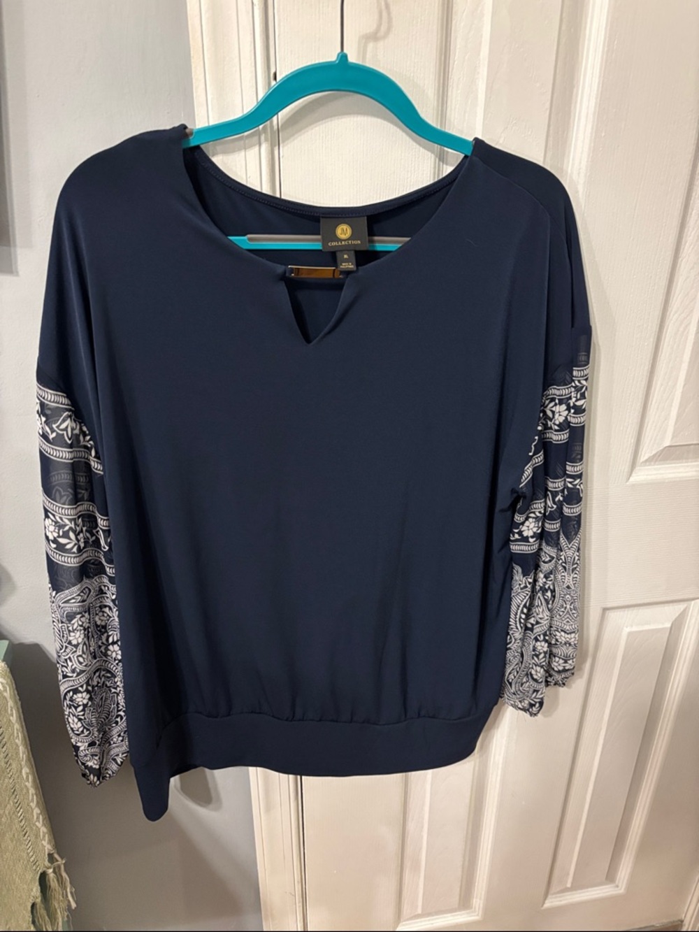 JM Collection Navy Top with Printed White-Accent Sleeves